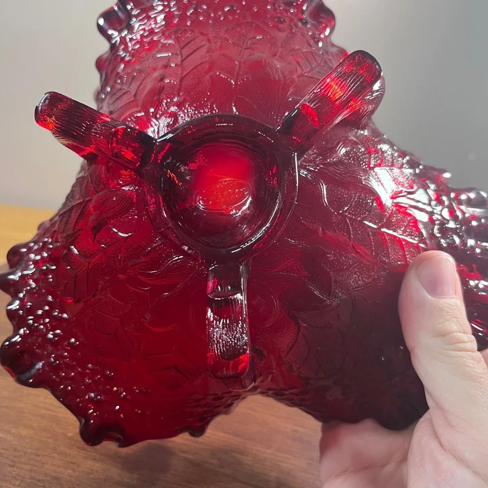 Fenton Ruby Red Amberina Glass Peach Tree Leaf Ruffled Footed Bowl 8